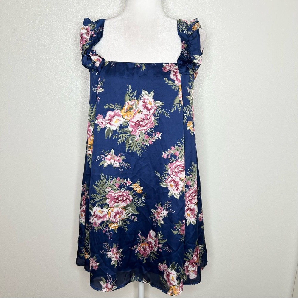 BHLDN By Anthropologie Blue Floral Satin Sleeveless Smocked Mini Dress Size S/M
